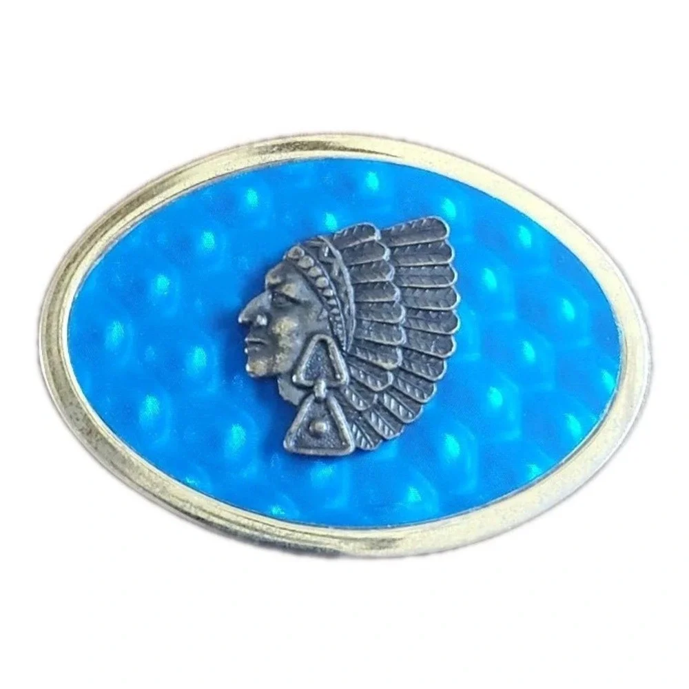 Indian Head Chief Belt Buckle Holographic Blue Silver Tone Distressed‎